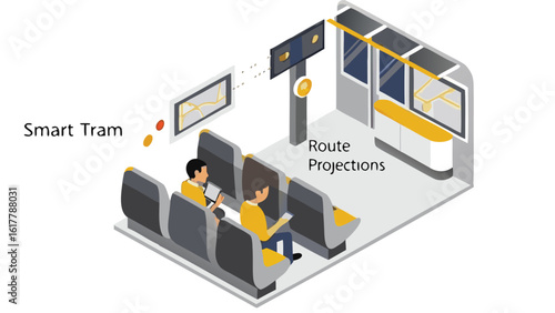 Isometric view of a smart tram interior with passengers route projections and digital display screens inside