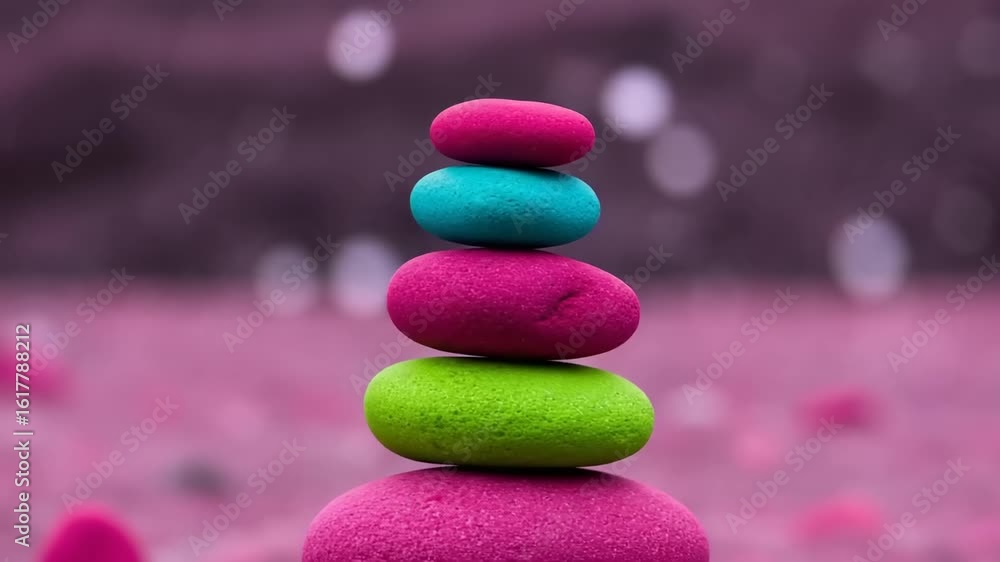 Colorful stone tower against a blurred purple backdrop Colorful stone tower against a blurred purple backdrop