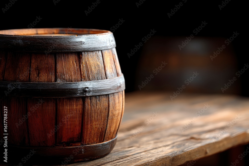 Wooden barrel on rustic table dark background Wooden barrel on rustic table dark background