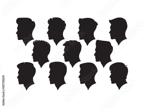 Collection of male head silhouettes profile views isolated on white background