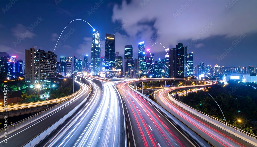 Obraz premium City highway at night with network lines