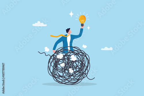 Solving complex problem, challenge to get answer on hard difficult question, resolution or result, success solving problem in tough messy, businessman hold lightbulb answer on complicated messy.