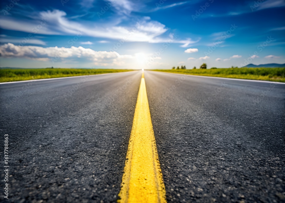 Naklejka premium A long straight road stretches to the horizon under a bright sky with a yellow line