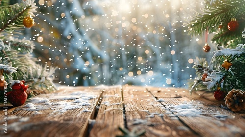 Rustic Wooden Surface with Snowy Fir Branches