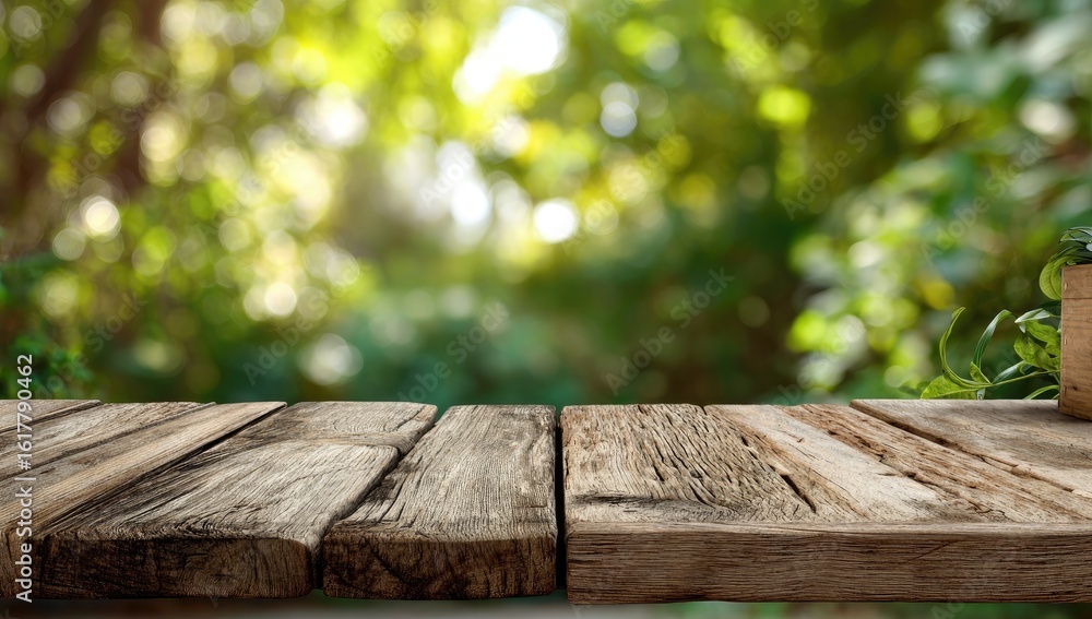 Rustic wooden planks against a blurred green backdrop Rustic wooden planks against a blurred green backdrop