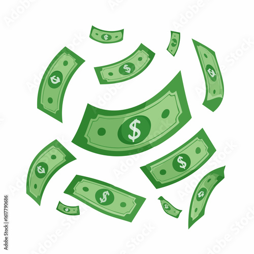 Flat vector of multiple green dollar bills being blown by the wind, scattered in different directions, clean cartoon style