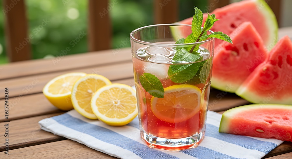 Fototapeta premium Watermelon - Lemon - Mint Special Drink on Wooden Table