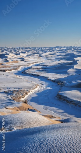 High-angle view of snowy dunes and a riverbed