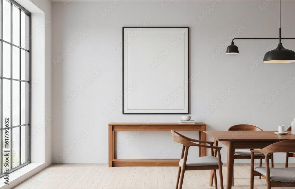 Fototapeta premium Bright minimalist dining room interior with wooden furniture and large blank poster frame on white wall for artwork or product presentation mockup. 3D Rendering 