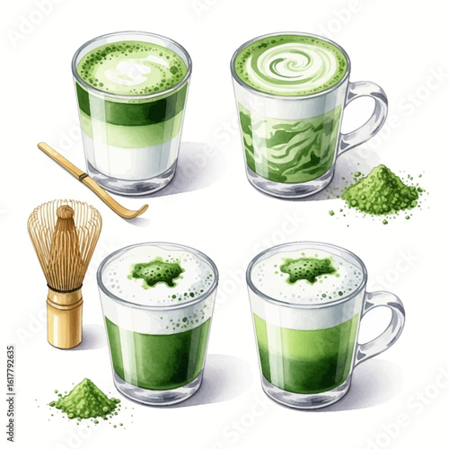 Artistic Watercolor Matcha Latte Drinks with Whisk and Powder Presentation.