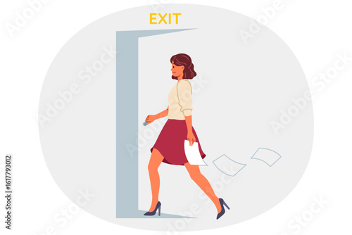 Resigned businesswoman walks out open door, refusing to work under unfavorable conditions. Resigned lady drops job contract when leaving office, wanting to create own successful startup