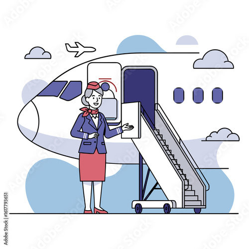 Flight attendant welcoming passengers to board the airplane with mobile stairs on tarmac