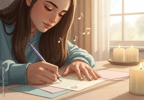 Expressive writing with tranquil candles and ambient music for gen Z creative