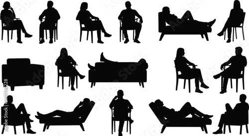 Silhouettes of people sitting, reclining on chairs and sofas, diverse relaxing poses, furniture lifestyle concept for interior design projects, illustration