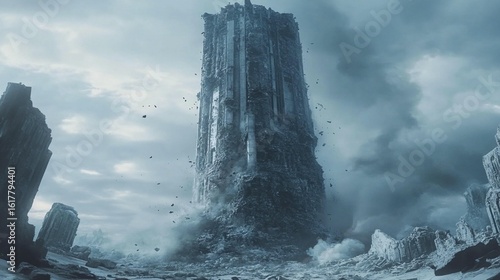 Crumbling Tower in Post-Apocalyptic Landscape
