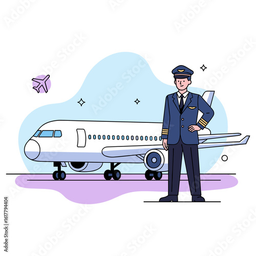 Airline captain in professional uniform stands confidently by an airplane on the tarmac