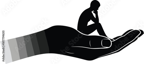 Silhouette of a thinker seated on hand, conceptual support art, contemplation, human figure, black white illustration, Adobe Stock image
