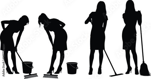 Silhouettes of stylish women cleaning with mops and buckets, elegant attire, domestic chores, housekeeping service, high heels, broom action