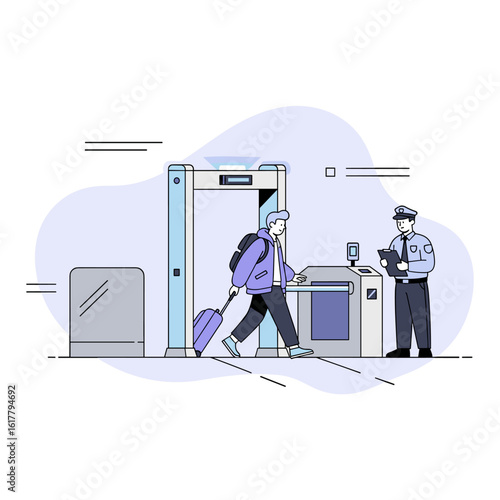 Airport Security Checkpoint Traveler Undergoing Metal Detector Scan with Officer