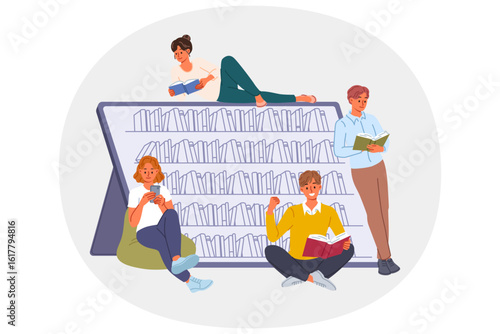 Students visiting electronic library read books using mobile gadgets and apps with digital literature. Guys and girls with books gain knowledge or prepare for exam using textbooks or encyclopedias