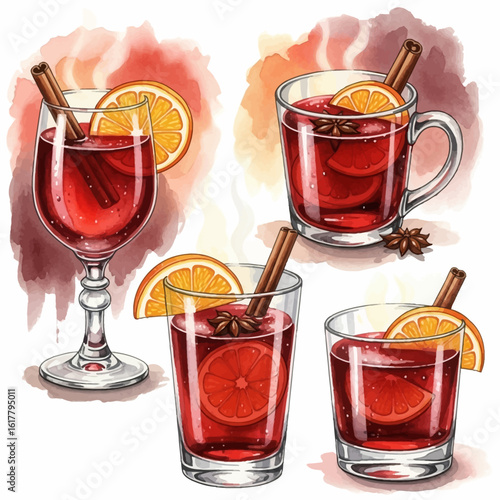 Watercolor Illustration of Mulled Wine with Cinnamon and Orange Slices.