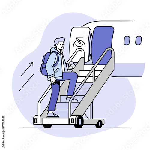Young male traveler with a backpack boarding an airplane using mobile stairs. Vector art.