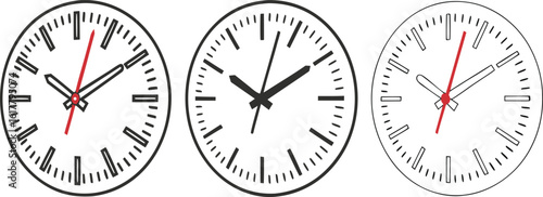 Vector art of three analog clocks showing different times, useful for time management and scheduling concepts