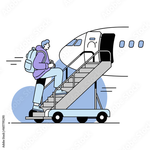 Young traveler with backpack boarding an airplane via mobile stairs. Air travel vector concept.