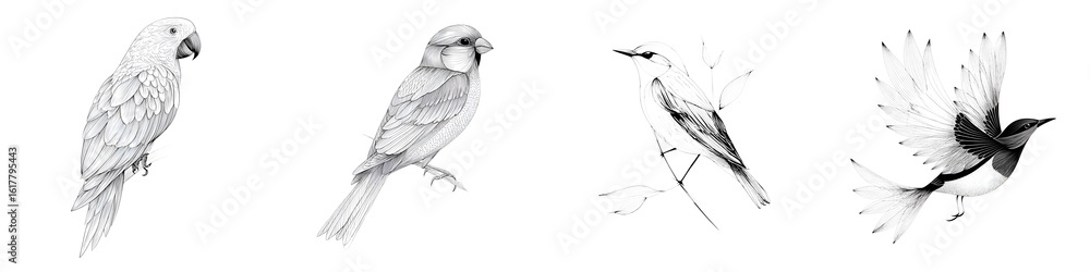 Fototapeta premium Hand-Drawn Birds Set, Watercolor Avian Species Illustration