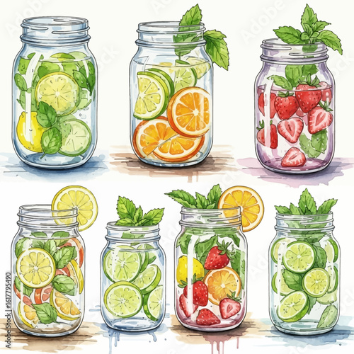 Watercolor painted jars of refreshing fruit infused water with mint.
