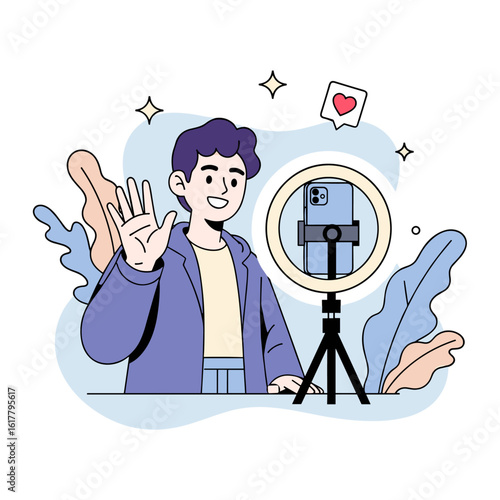 Young male vlogger character streaming a live video with a smartphone and ring light.