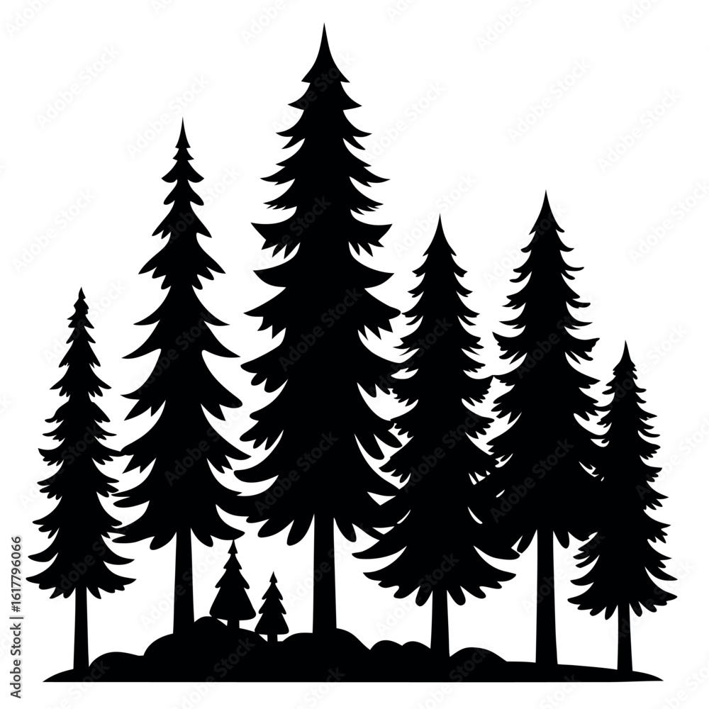 Fototapeta premium Collection of detailed pine tree silhouettes isolated on white background