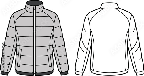 Puffer Jacket Flat Sketch with Stand-Up Collar, Zipper Closure, and Horizontal Quilting, Front and Back View, Technical Fashion Illustration, Outerwear Design Template for Winter Apparel, Casual.