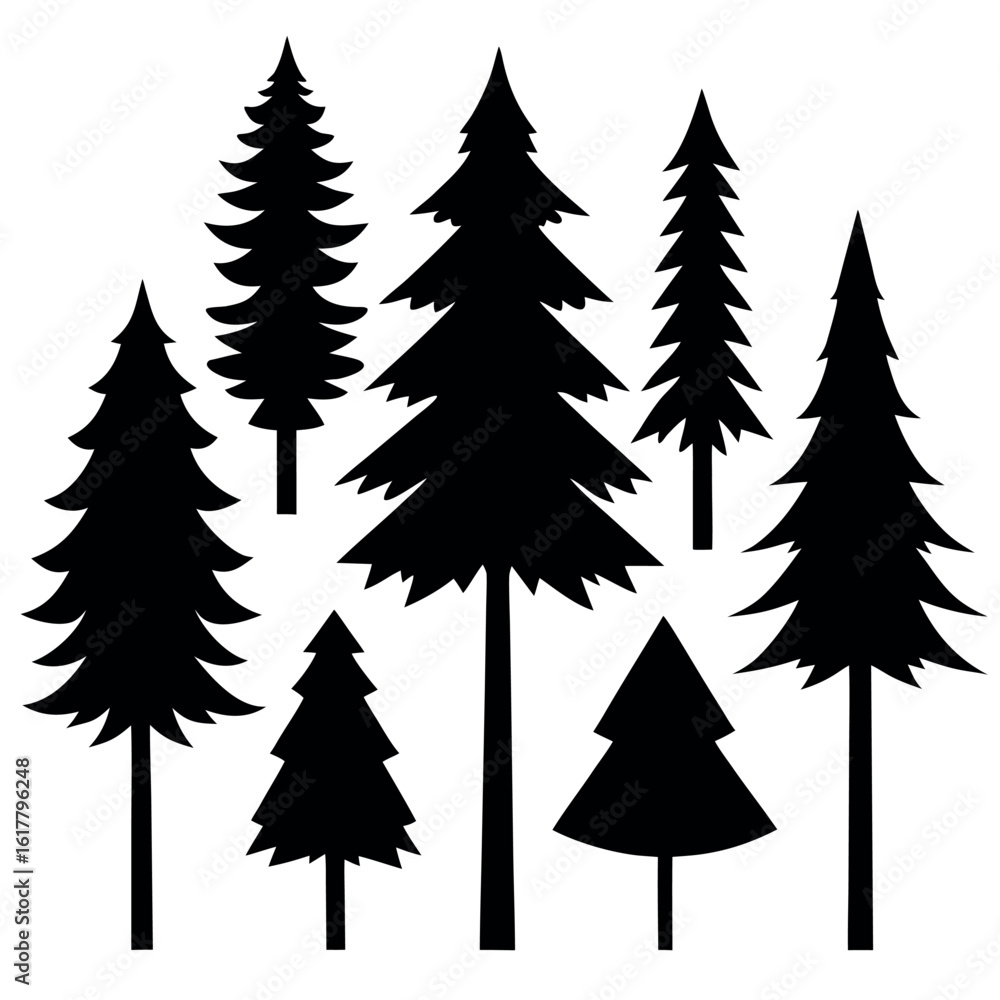 Obraz premium Collection of flat black pine tree silhouettes isolated on white background silhouette