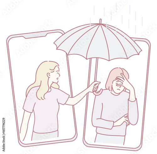 An illustration showcasing virtual support, depicted with an umbrella that symbolizes care, comfort, and protection