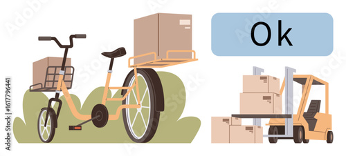 Delivery tricycle carrying packages alongside a forklift lifting cartons. Ideal for logistics, transportation, shipment, eco-delivery, supply chain, warehouse management, industrial efficiency