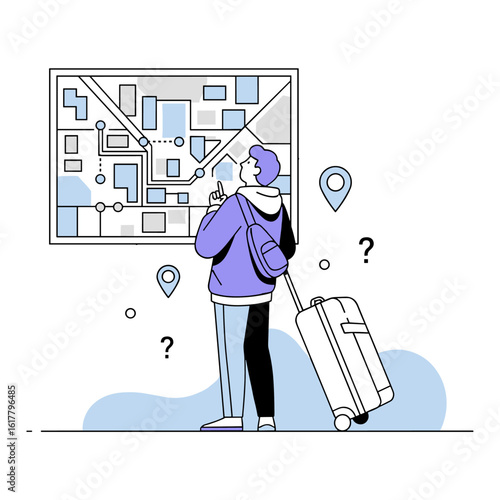 Lost in the City A Traveler Navigating an Urban Map with Luggage