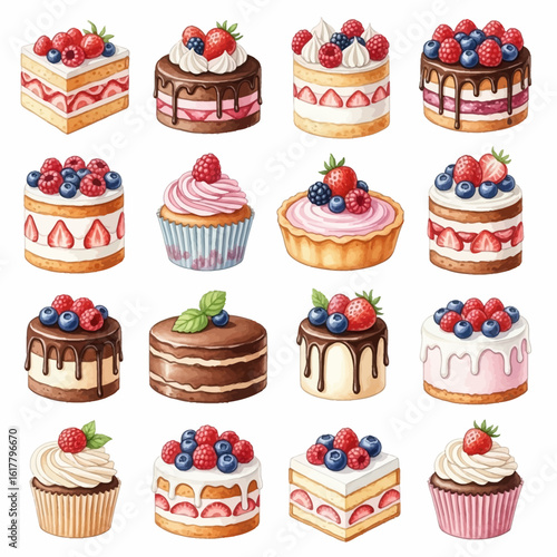 Watercolor Collection of Delicious Cakes and Cupcakes with Fresh Berries.