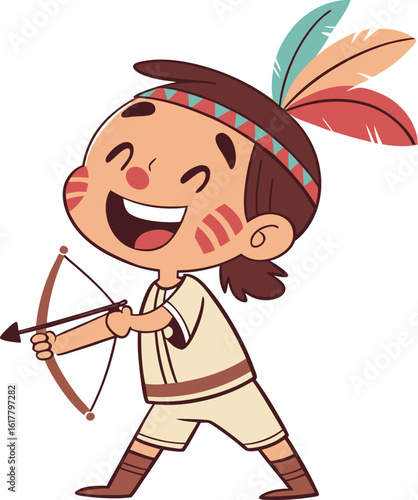 Happy Cartoon Boy Dressed as Native American with Bow and Arrow