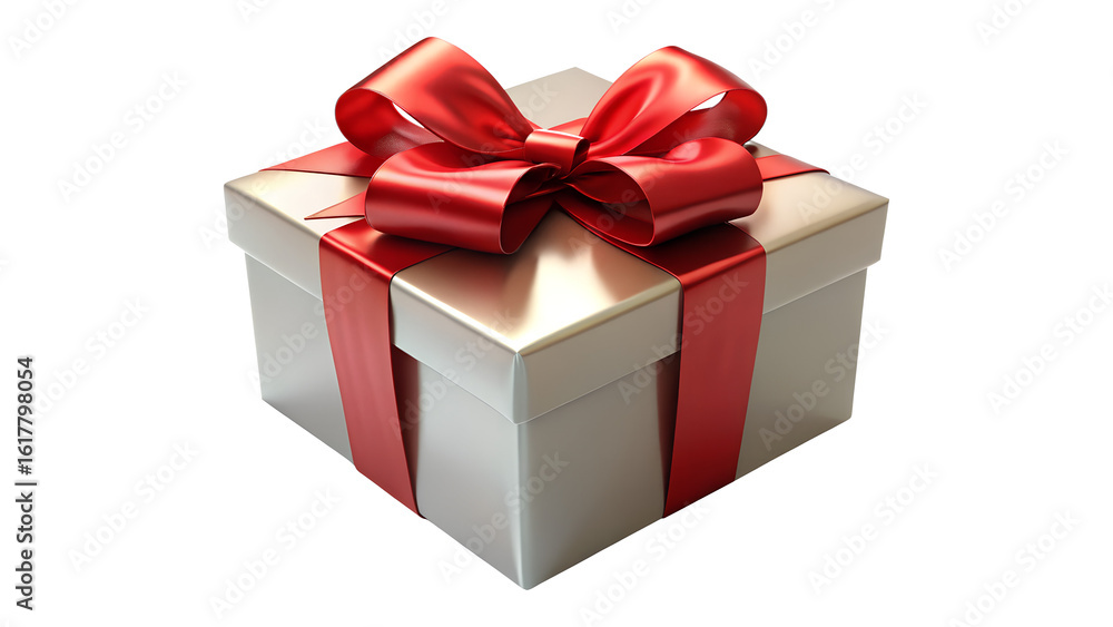 Fototapeta premium A silver gift box with a red satin bow isolated on transparent background, perfect for any special occasion