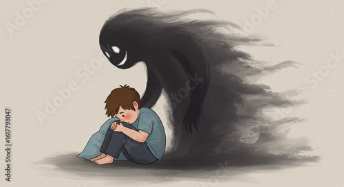 A metaphorical illustration of depression and anxiety, depicting a sad boy haunted by a smiling shadow monster.