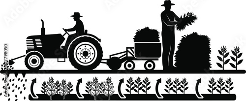 Black and white illustration of agricultural cycle with tractor and farmers