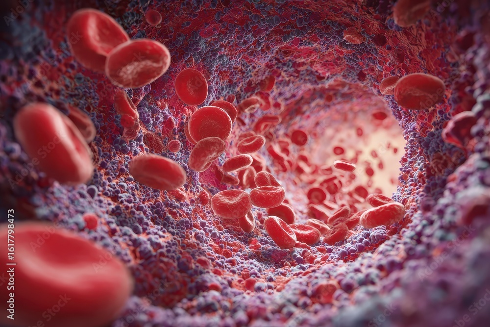 Fototapeta premium Red blood cells flow through a textured artery with detail. Use this for medical, scientific, or educational purposes.
