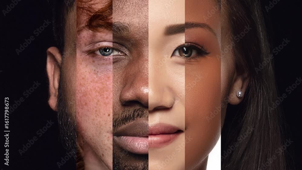 Playful stop motion. Human face made from different portrait of men and women of diverse age and race. Concept of social equality, human rights, freedom, diversity, acceptance