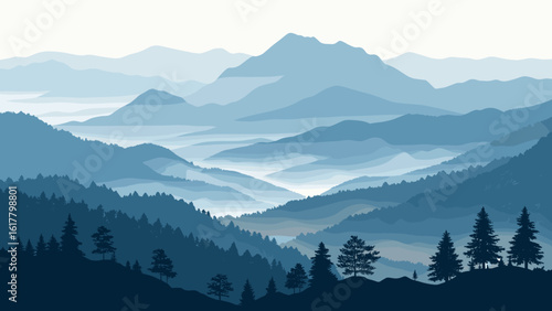 Serene mountain landscape with misty blue hills and evergreen silhouettes for calming nature backgrounds and peaceful outdoor adventures