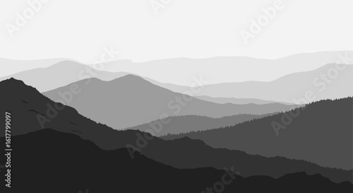 Serene monochrome vista of layered mountain ranges receding into the distance, perfect for conveying depth, mystery, and timeless beauty