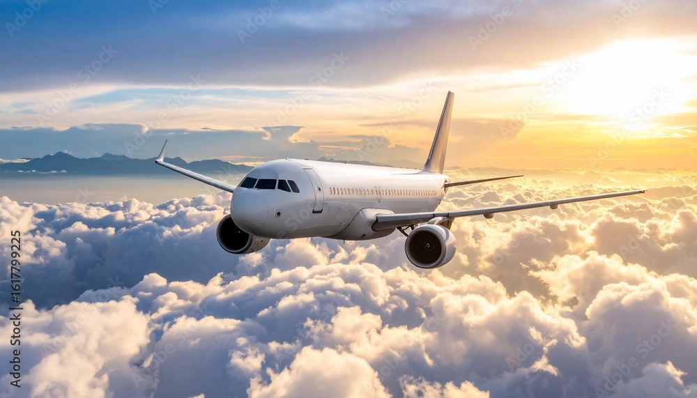 Fototapeta premium Airplane Soaring Above Clouds at Sunset