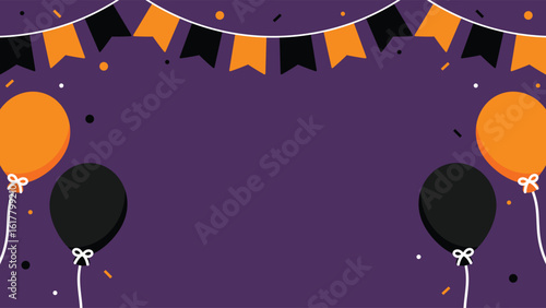 Cheerful Halloween celebration background illustration with orange and black party bunting, balloons, and confetti on purple background.	