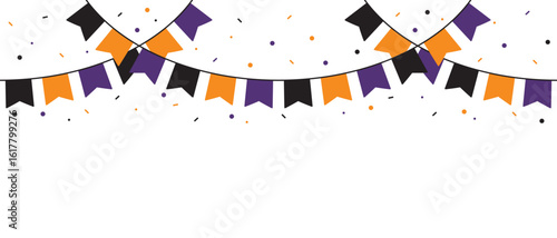 Seamless Orange, Purple and Black Halloween Party Bunting with Confetti Decoration Illustration.