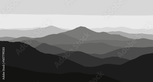 Stunning layered mountain silhouette conveys peaceful solitude and breathtaking natural beauty in minimalist grayscale